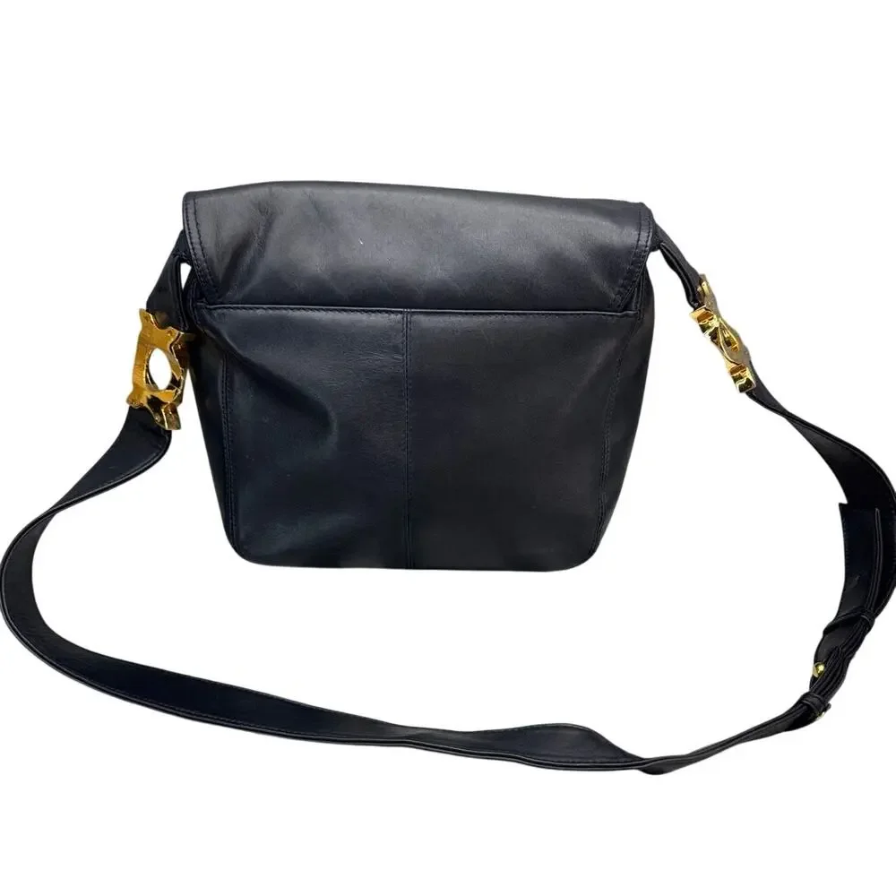 Laura Gayle Vintage Navy Blue Leather Gold Hardware Crossbody Shoulder Bag Purse